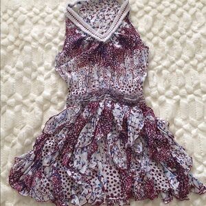 Poupett St Barth White Halter Mini Dress with Plum & Blue Print